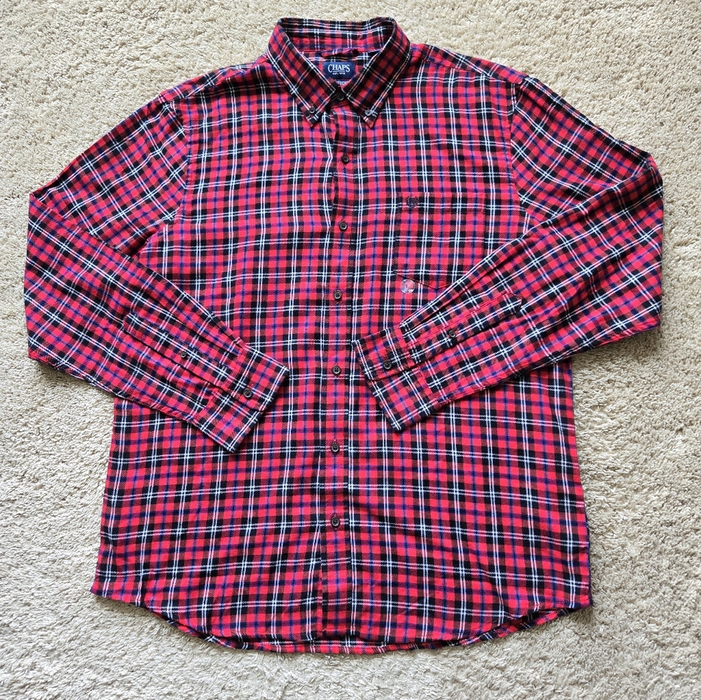 Chaps Lightweight Flannel Shirt Mens L Red Plaid Button Front